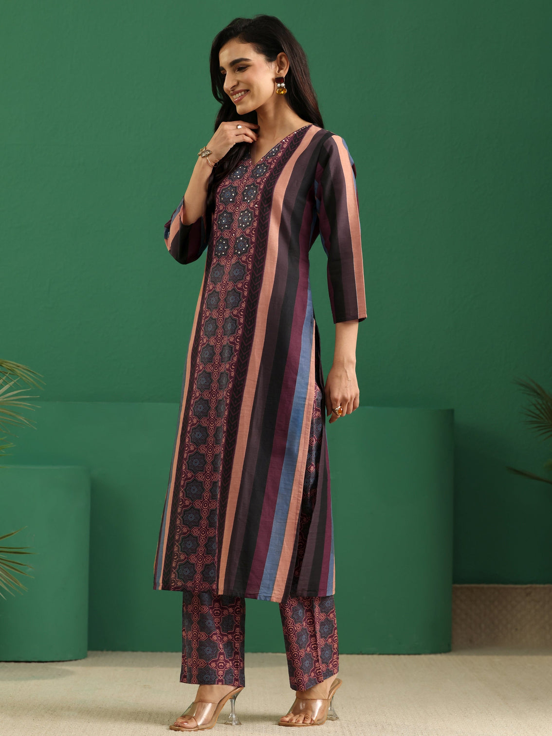 Mameraa Multi Colour Ajrakh Cotton Straight Suit Set