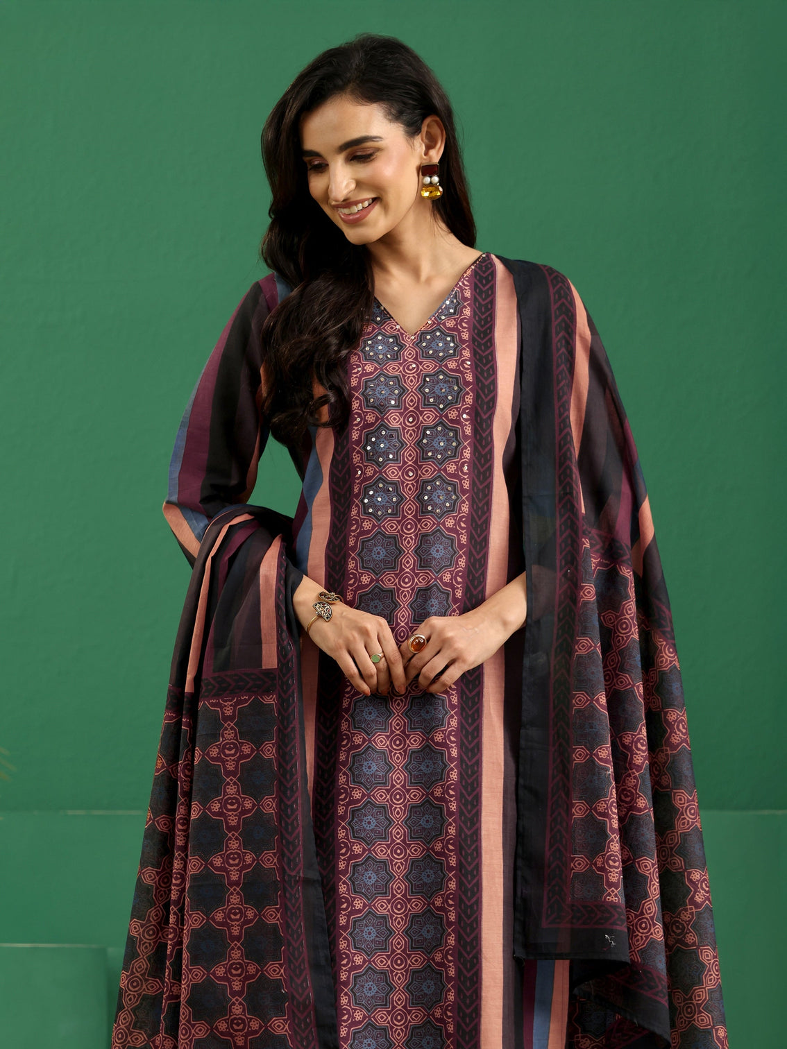 Mameraa Multi Colour Ajrakh Cotton Straight Suit Set