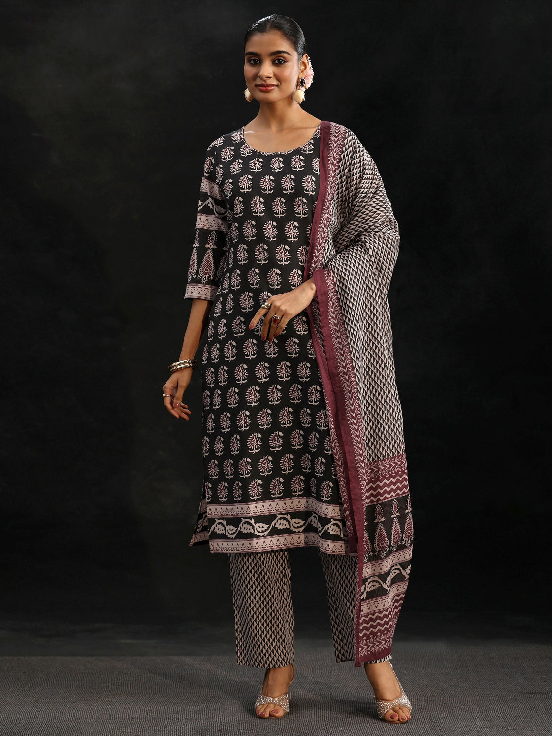 Mameraa Black Ajrakh Printed Cotton Straight Suit Set