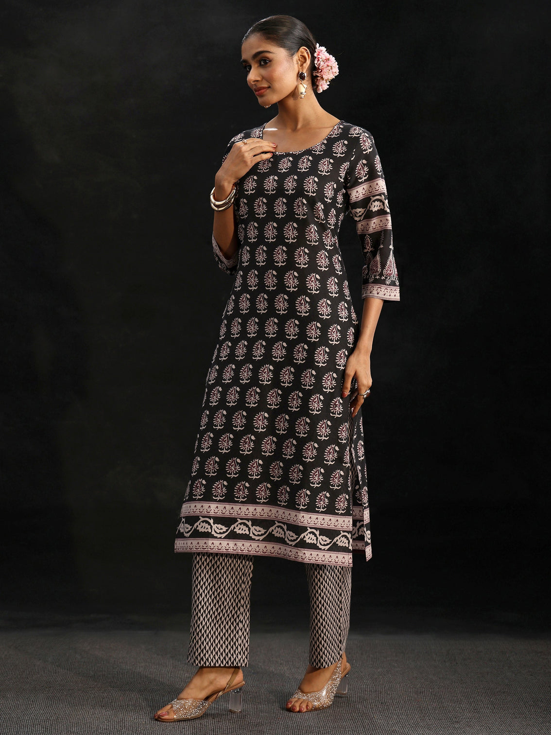 Mameraa Black Ajrakh Printed Cotton Straight Suit Set