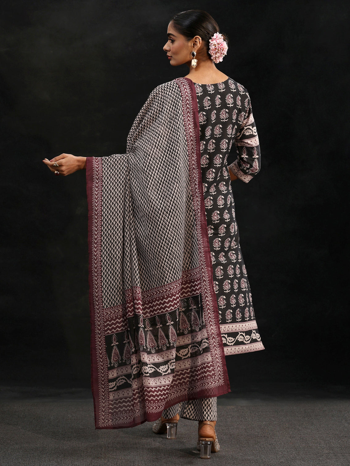 Mameraa Black Ajrakh Printed Cotton Straight Suit Set
