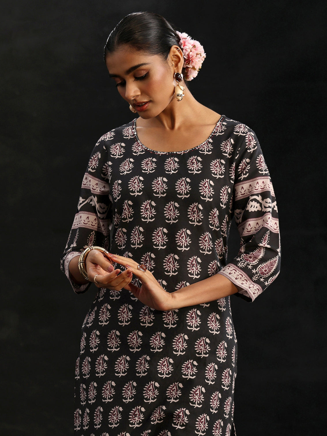 Mameraa Black Ajrakh Printed Cotton Straight Suit Set