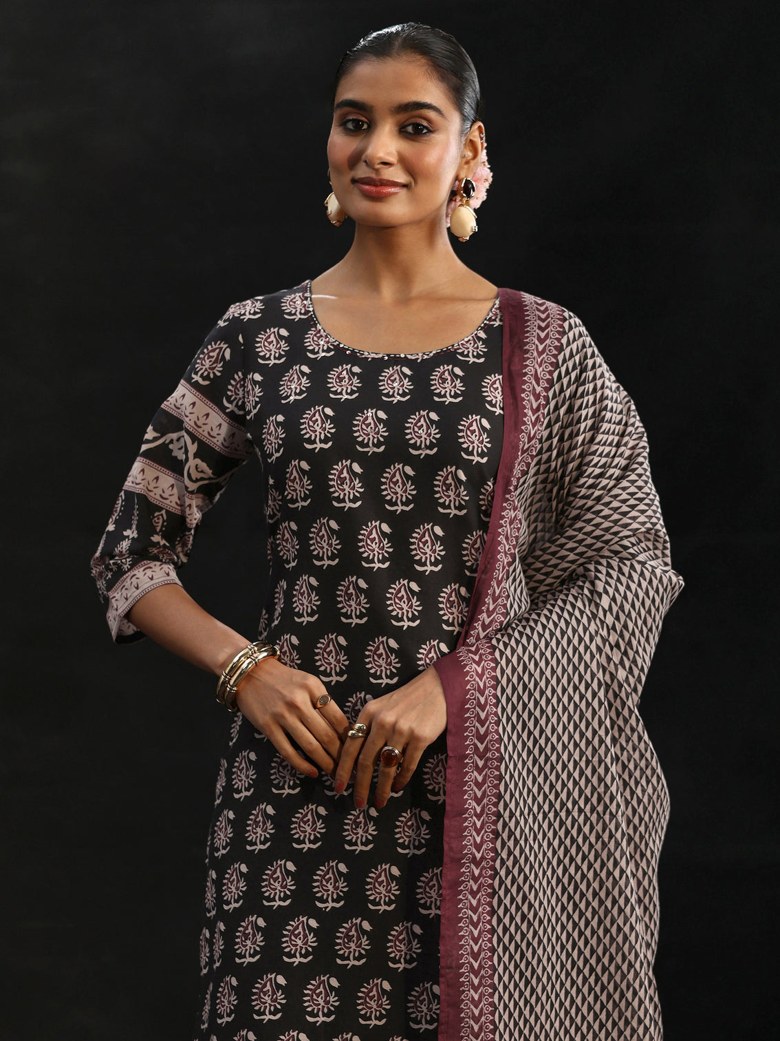 Mameraa Black Ajrakh Printed Cotton Straight Suit Set