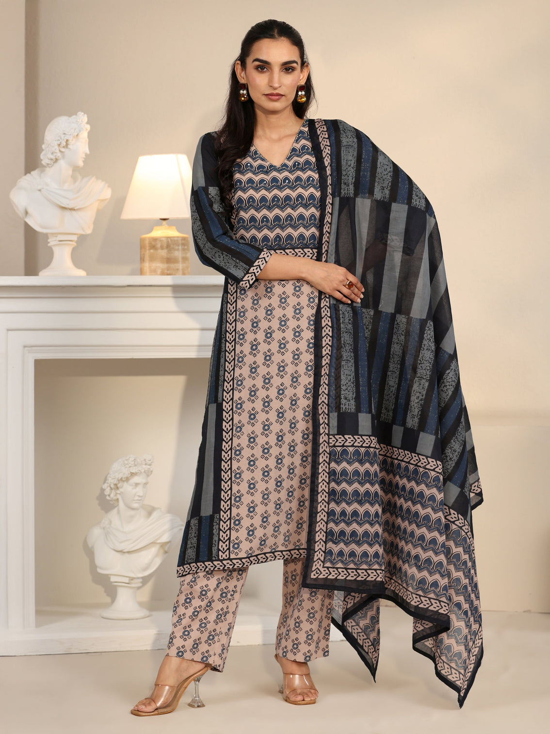 Mameraa Blue Printed Cotton Straight Suit Set