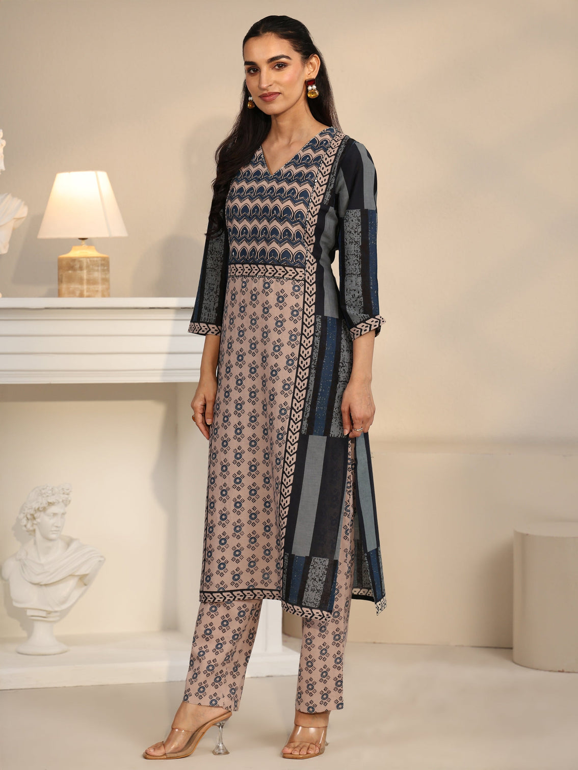 Mameraa Blue Printed Cotton Straight Suit Set