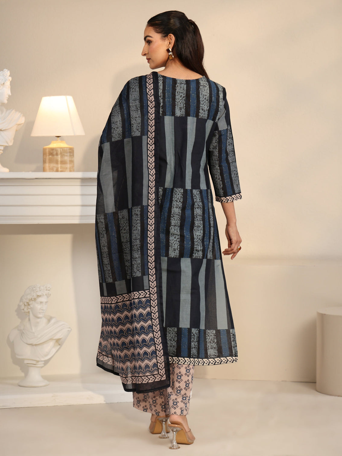 Mameraa Blue Printed Cotton Straight Suit Set