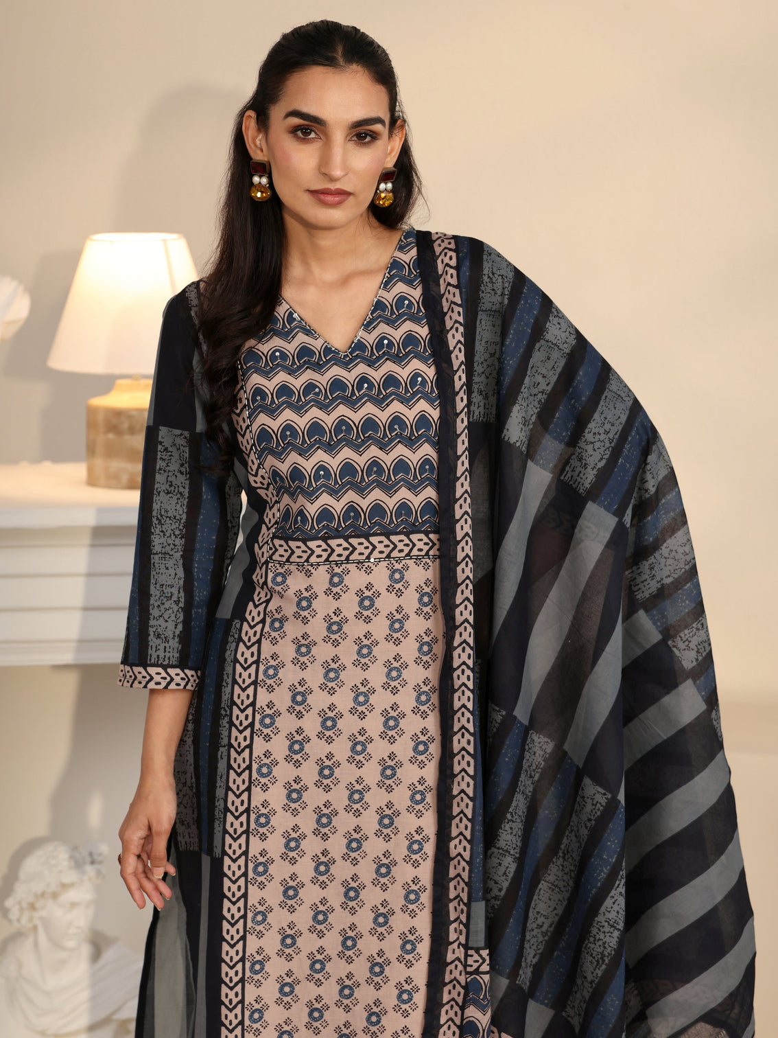 Mameraa Blue Printed Cotton Straight Suit Set