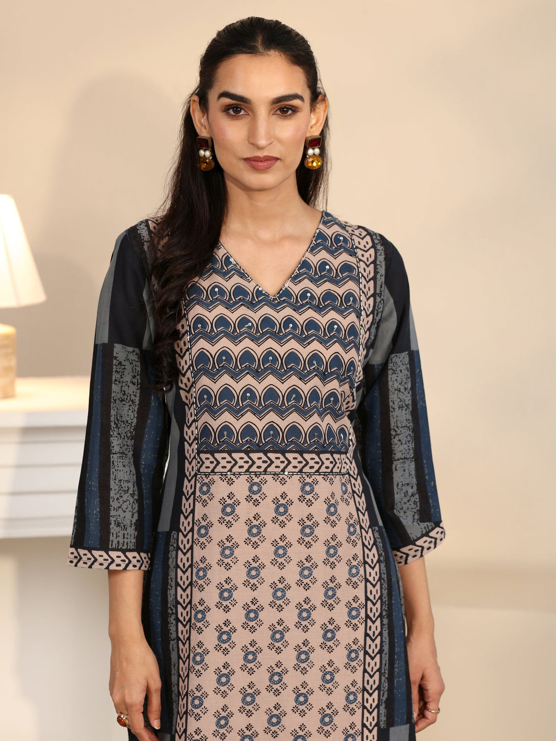 Mameraa Blue Printed Cotton Straight Suit Set