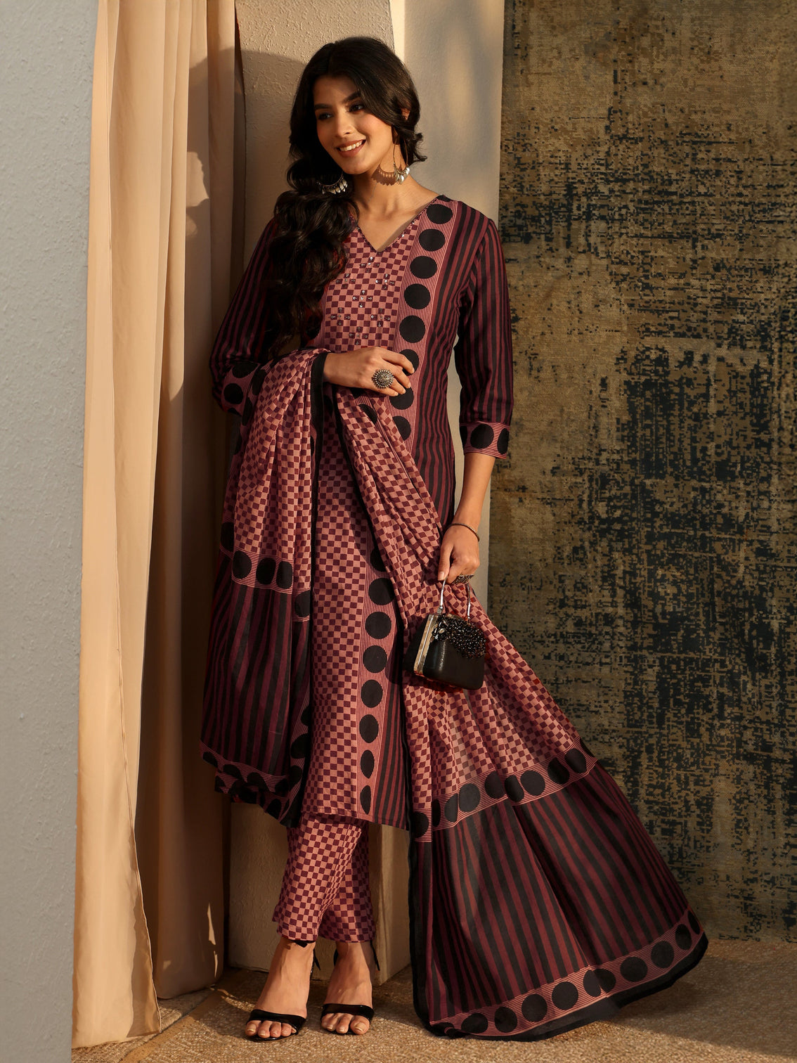 Mameraa Brown Ajrakh Printed Cotton Straight Suit Set