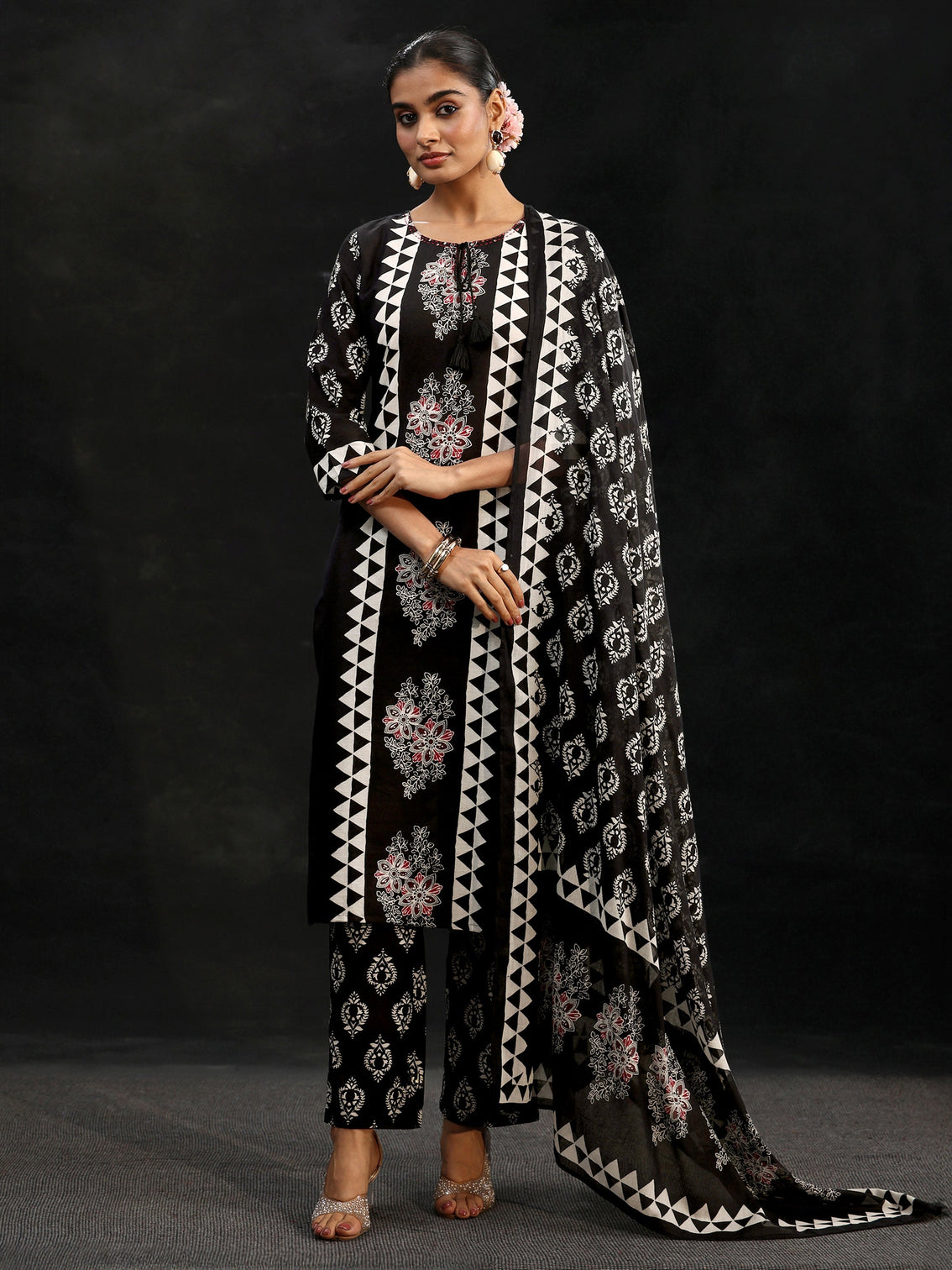 Mameraa Black Block Print Cotton Straight Suit Set