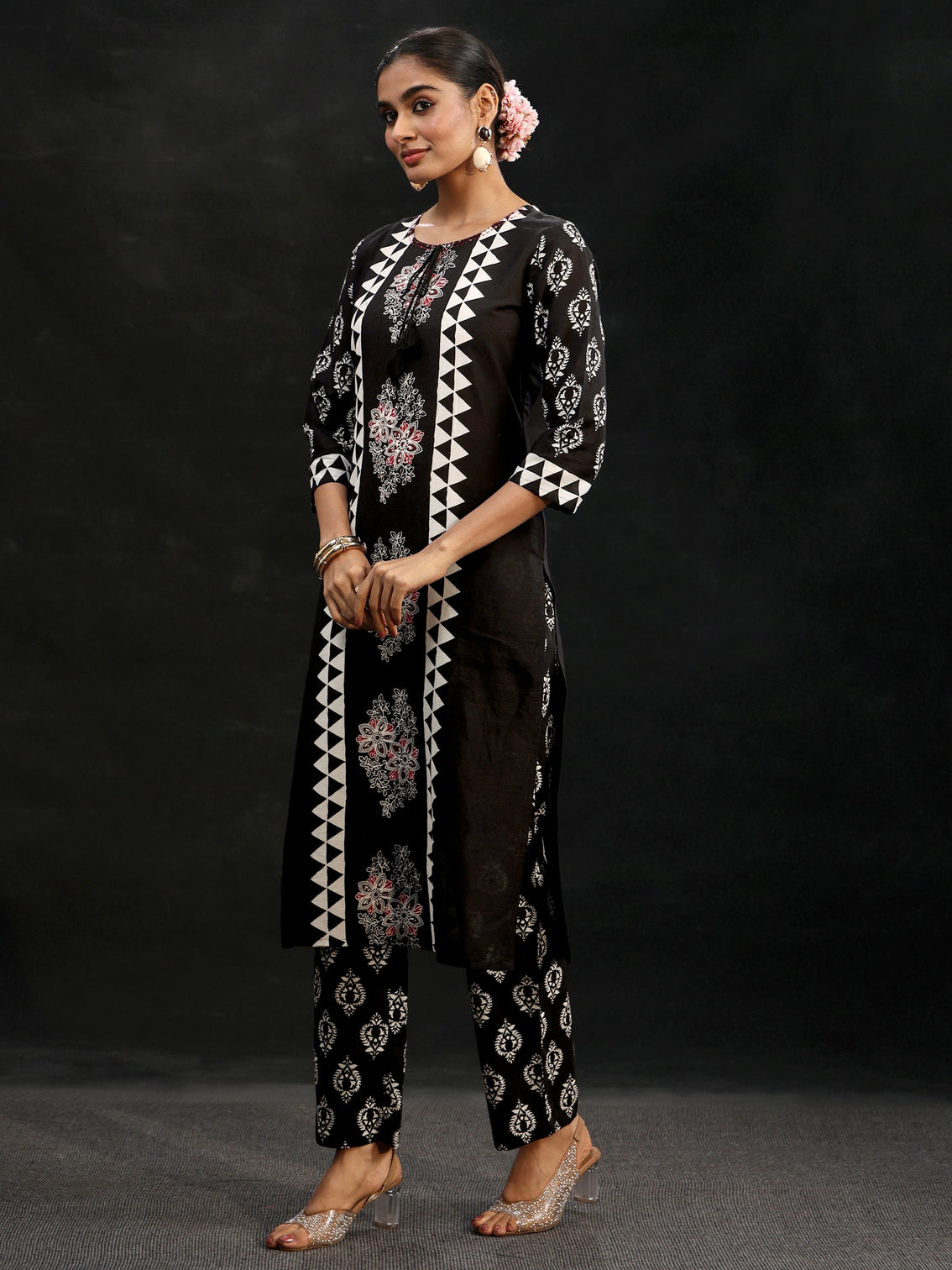 Mameraa Black Block Print Cotton Straight Suit Set