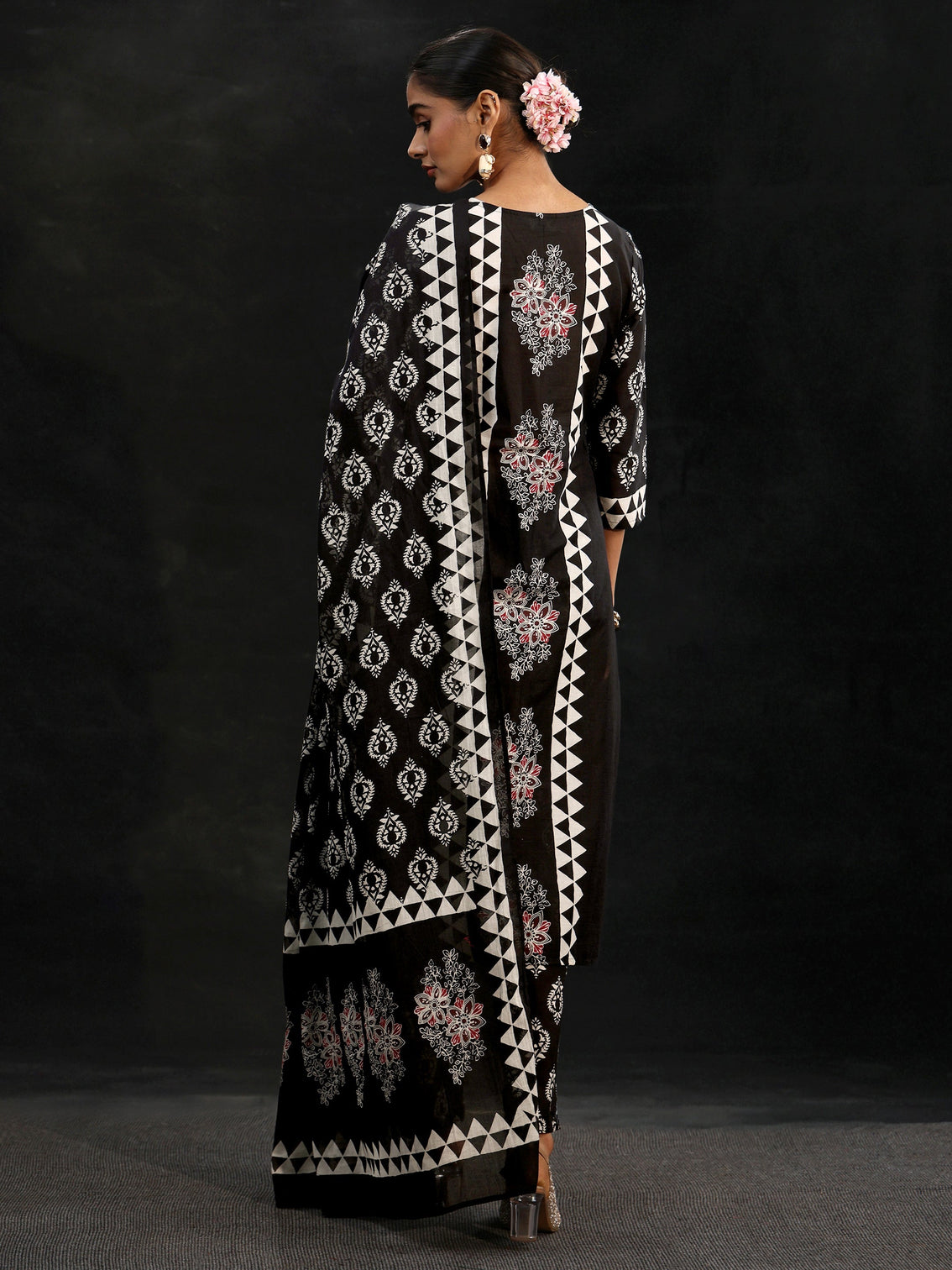 Mameraa Black Block Print Cotton Straight Suit Set