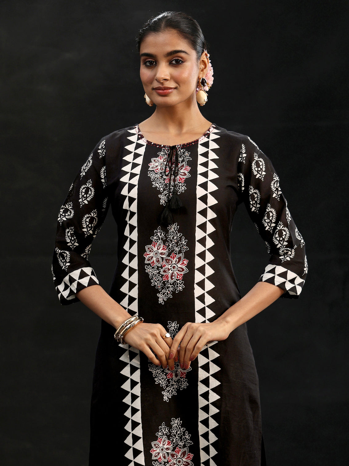 Mameraa Black Block Print Cotton Straight Suit Set