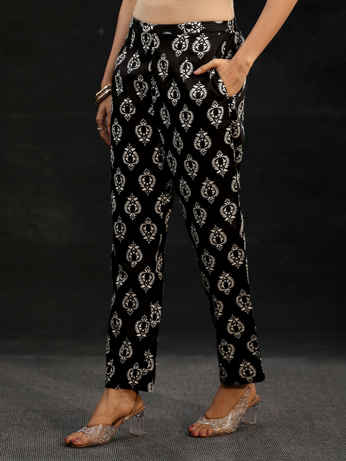 Mameraa Black Block Print Cotton Straight Suit Set