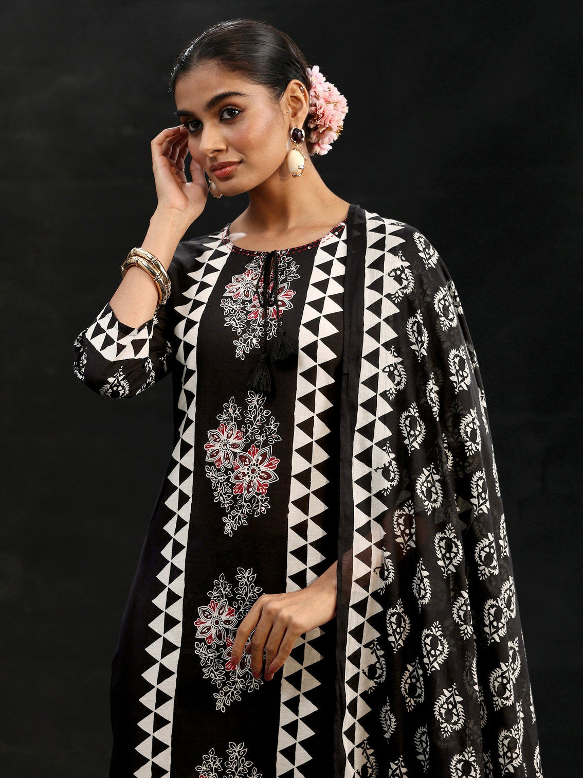 Mameraa Black Block Print Cotton Straight Suit Set