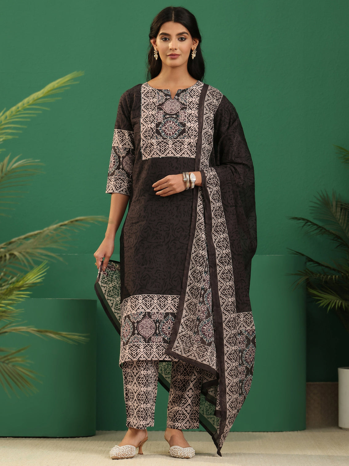 Mameraa Brown Ajrakh Cotton Straight Suit Set