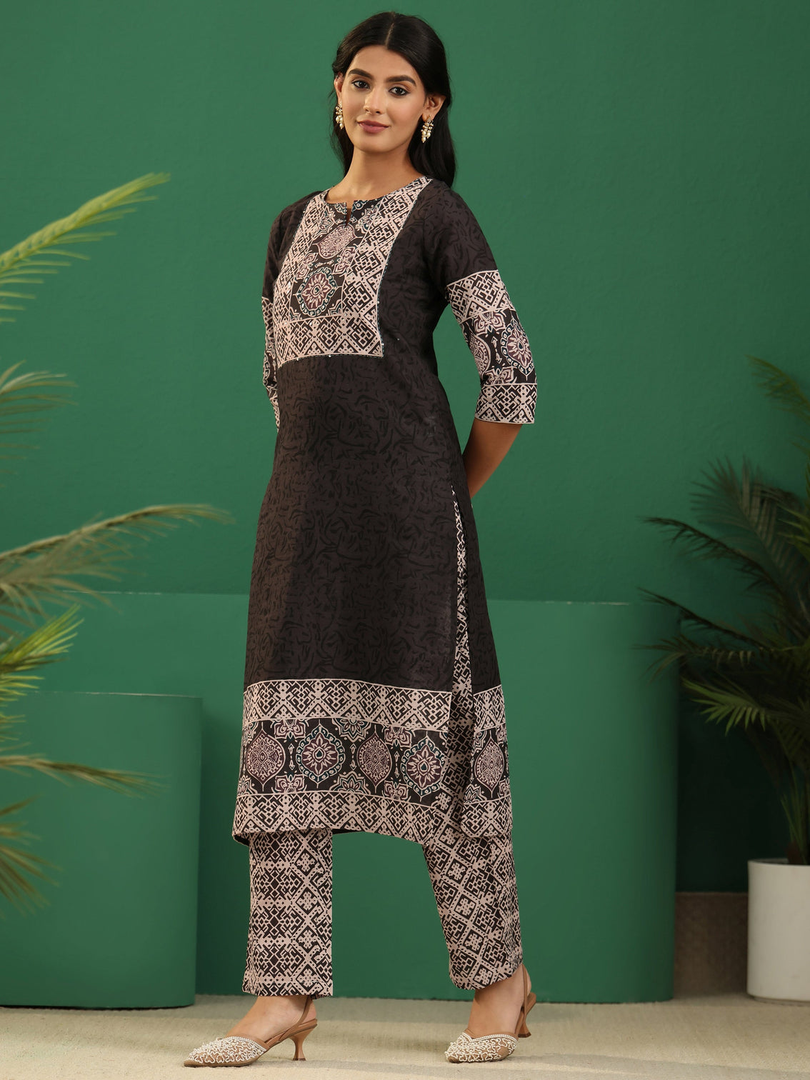 Mameraa Brown Ajrakh Cotton Straight Suit Set