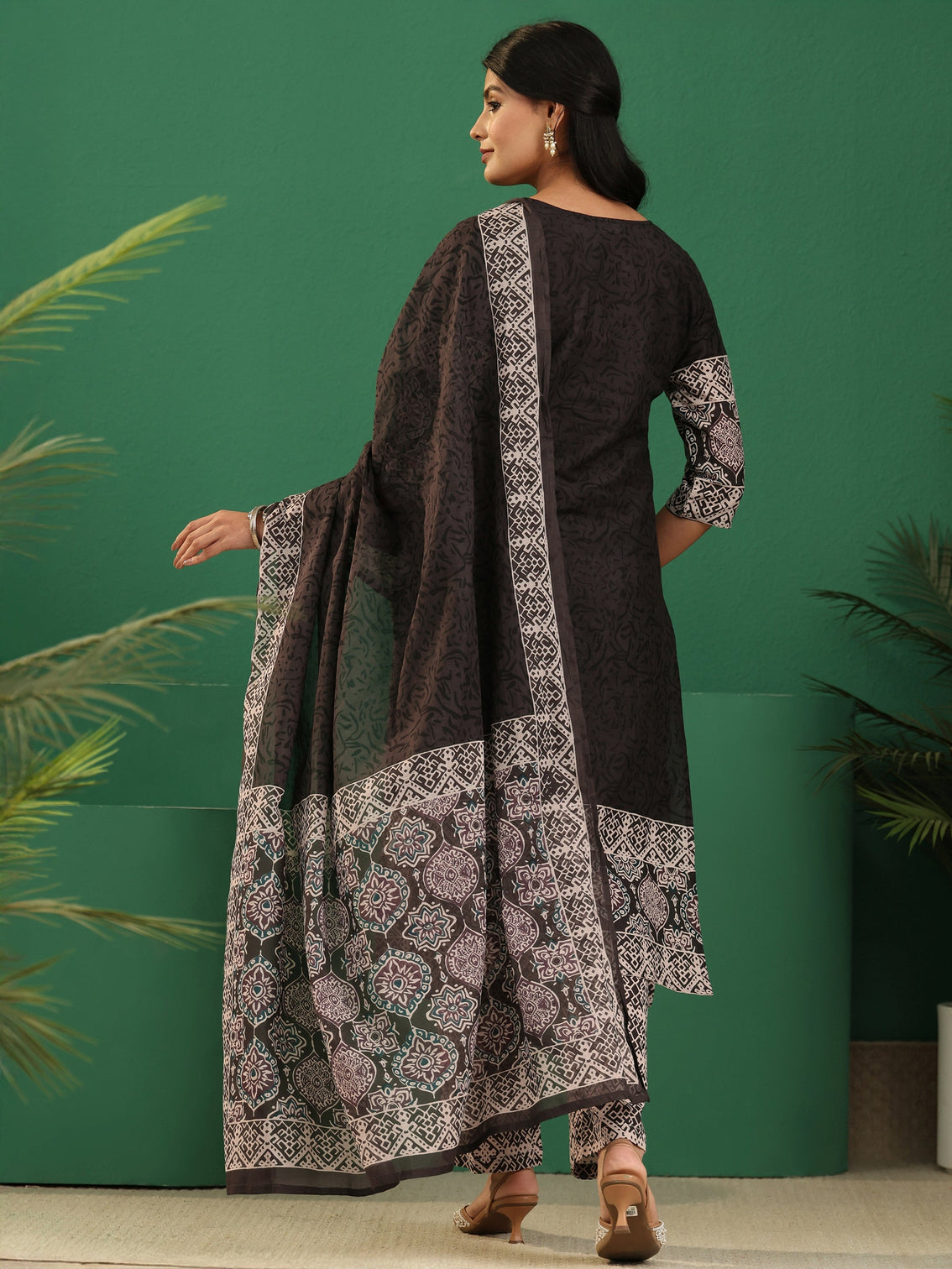 Mameraa Brown Ajrakh Cotton Straight Suit Set