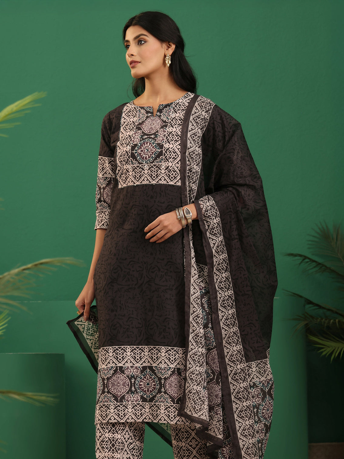 Mameraa Brown Ajrakh Cotton Straight Suit Set