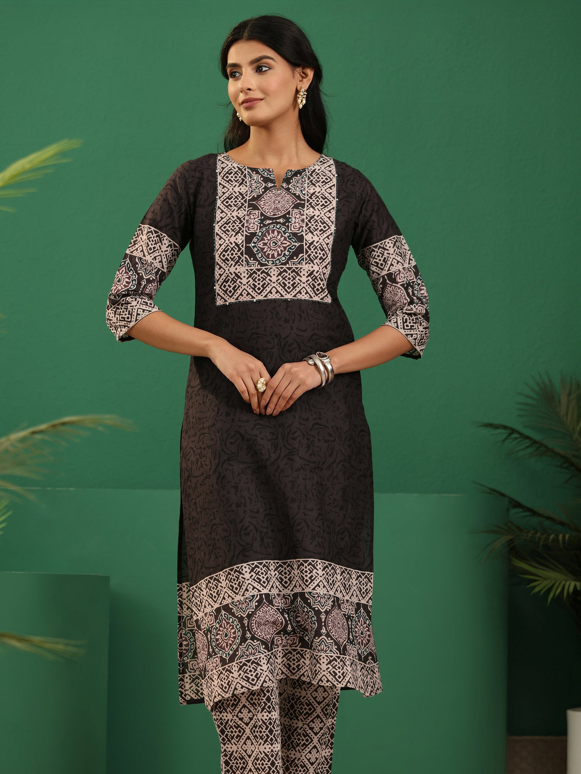 Mameraa Brown Ajrakh Cotton Straight Suit Set
