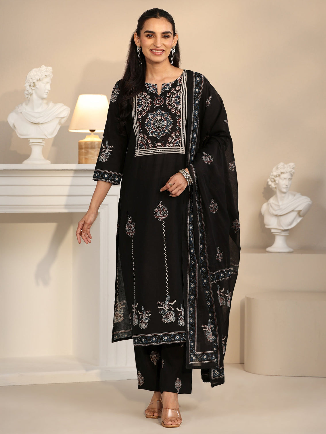 Mameraa Black Ajrakh Printed Cotton Straight Suit Set