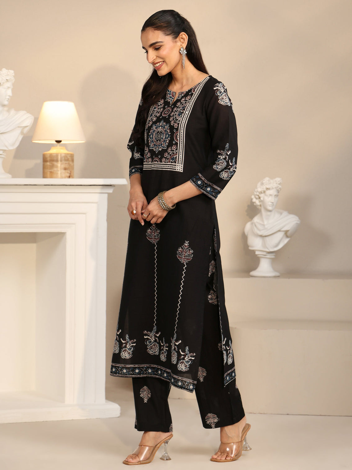 Mameraa Black Ajrakh Printed Cotton Straight Suit Set