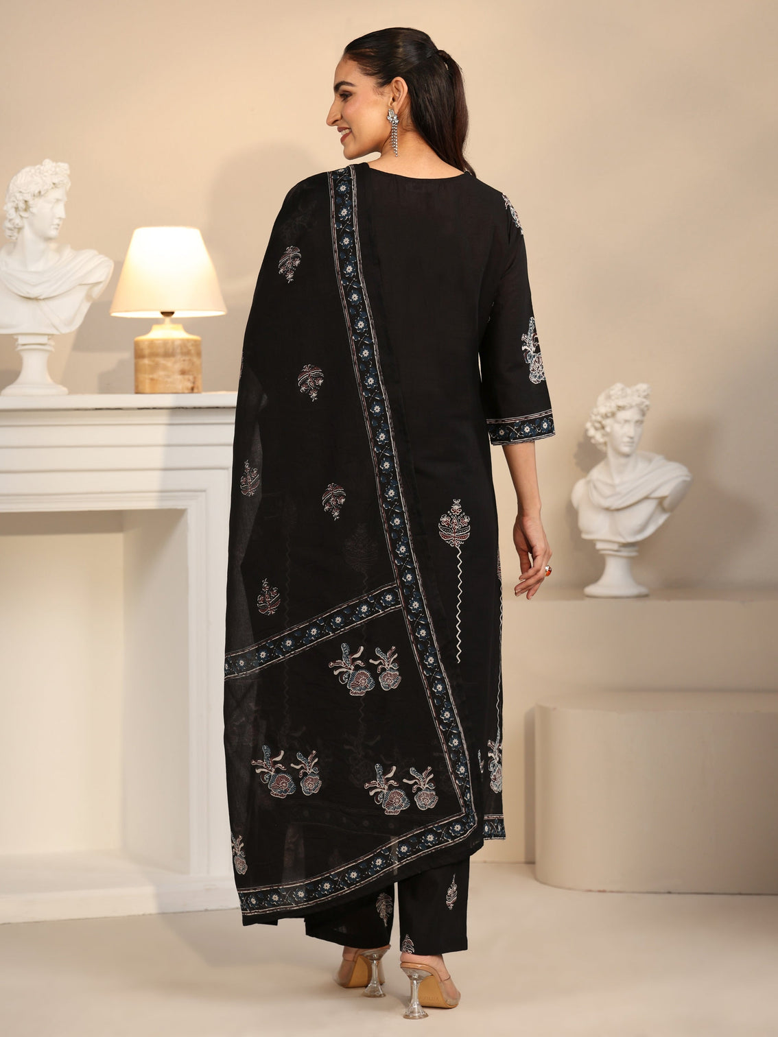 Mameraa Black Ajrakh Printed Cotton Straight Suit Set
