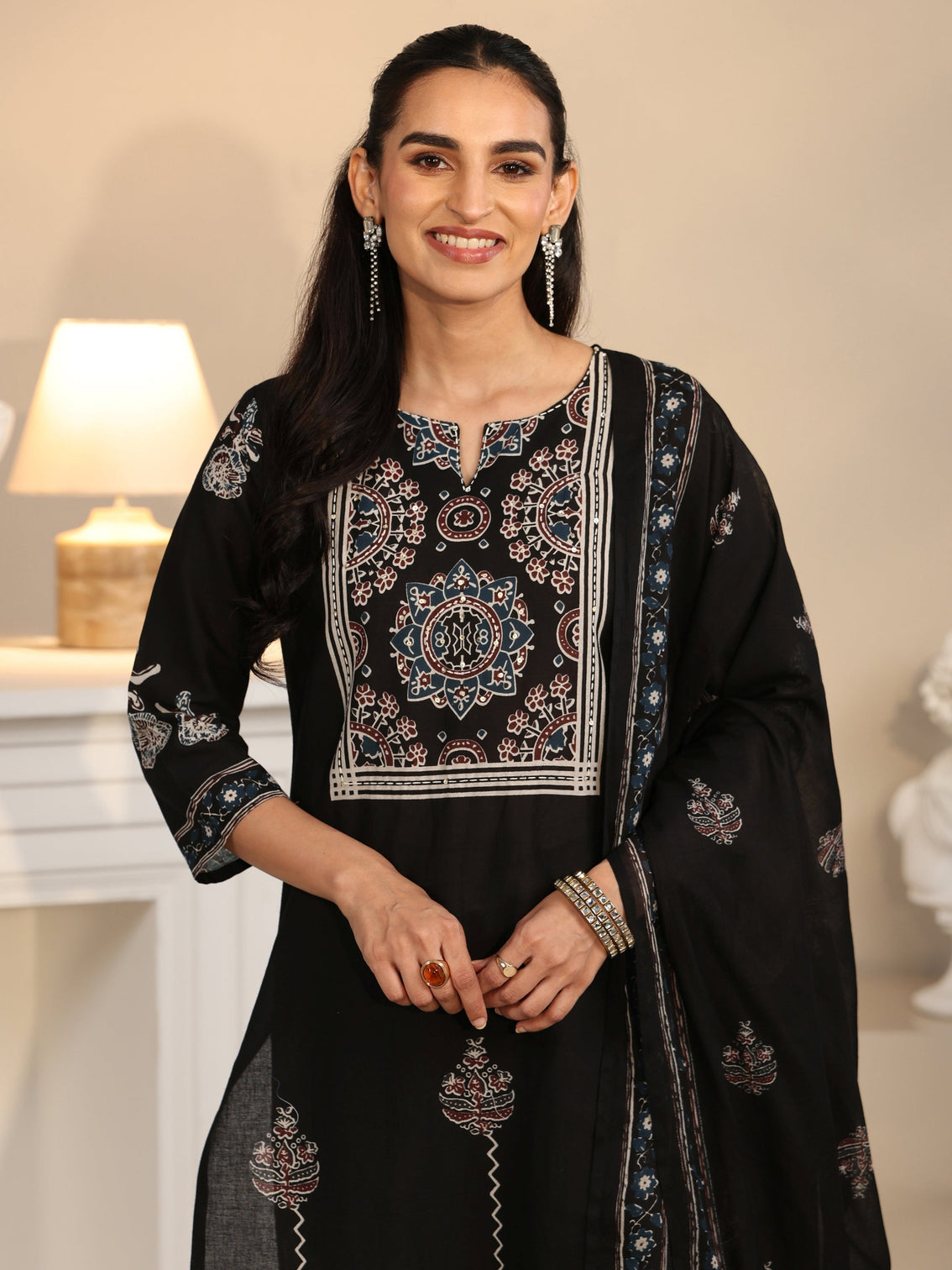 Mameraa Black Ajrakh Printed Cotton Straight Suit Set