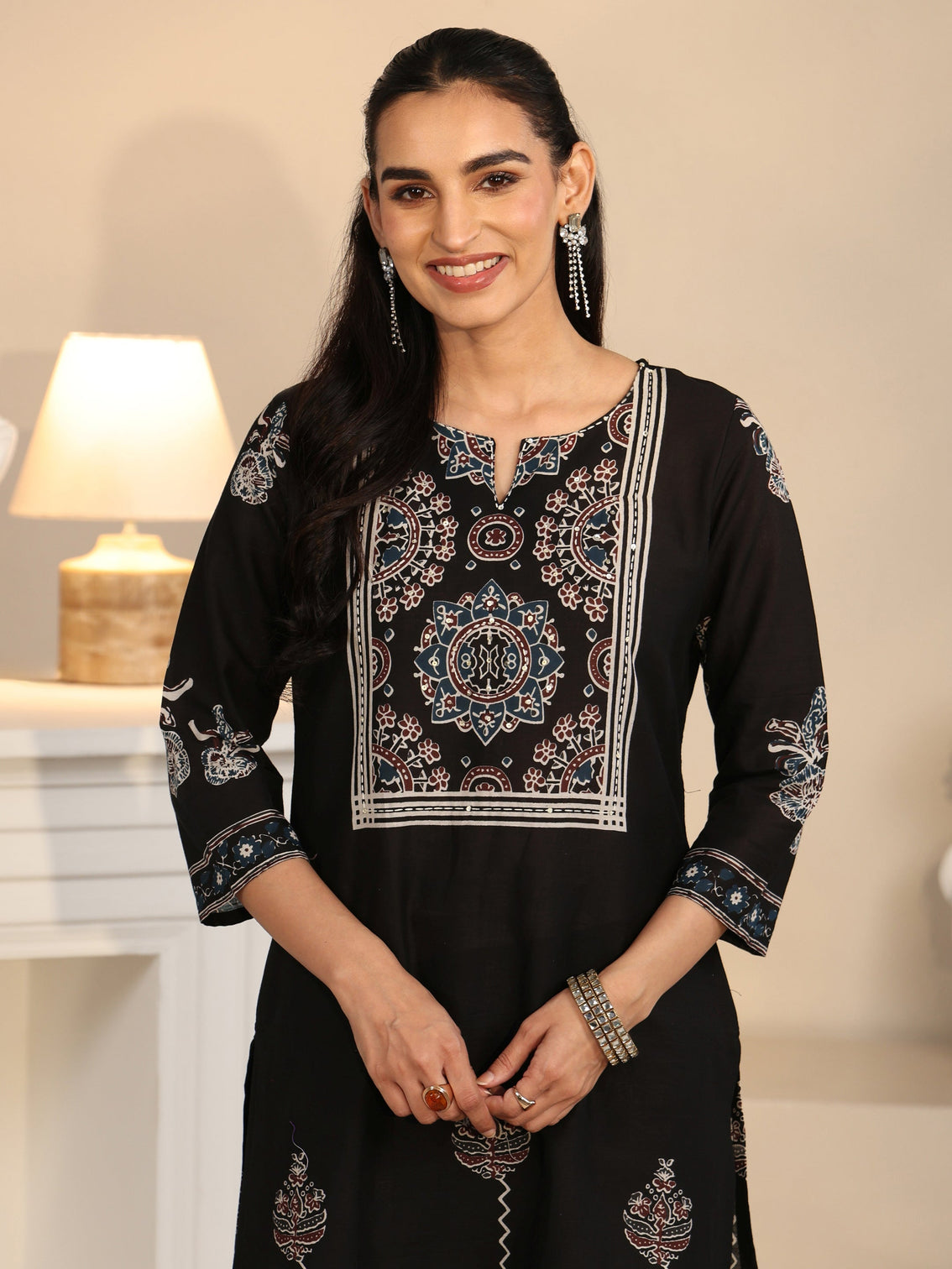 Mameraa Black Ajrakh Printed Cotton Straight Suit Set