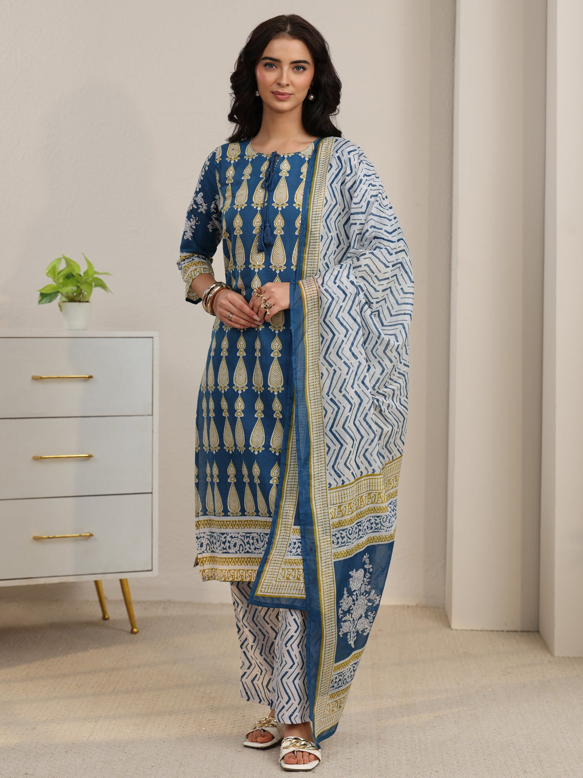 Mameraa Cobalt Blue Printed Cotton Straight Suit Set