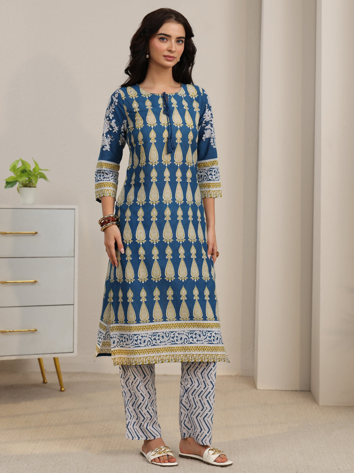 Mameraa Cobalt Blue Printed Cotton Straight Suit Set
