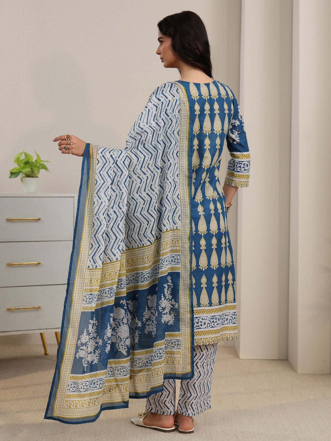 Mameraa Cobalt Blue Printed Cotton Straight Suit Set