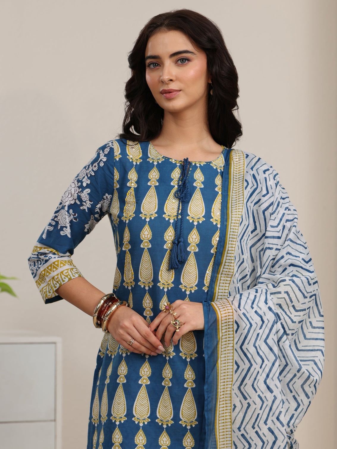 Mameraa Cobalt Blue Printed Cotton Straight Suit Set