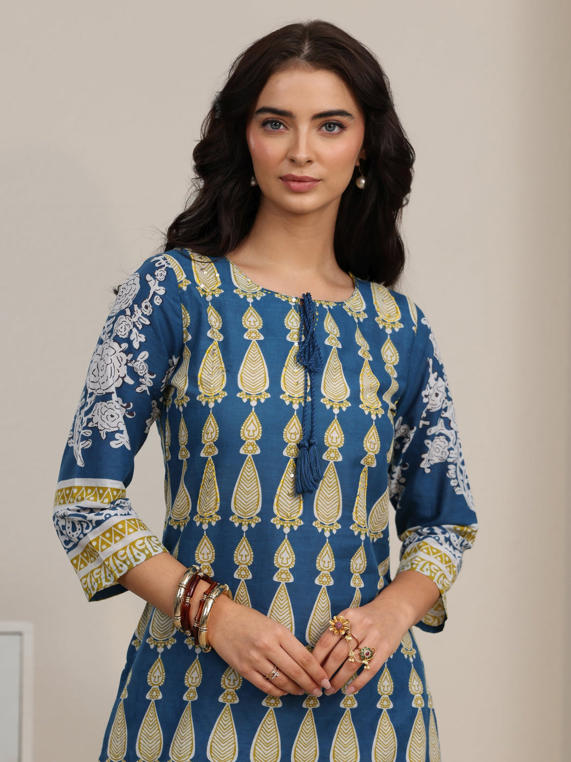 Mameraa Cobalt Blue Printed Cotton Straight Suit Set