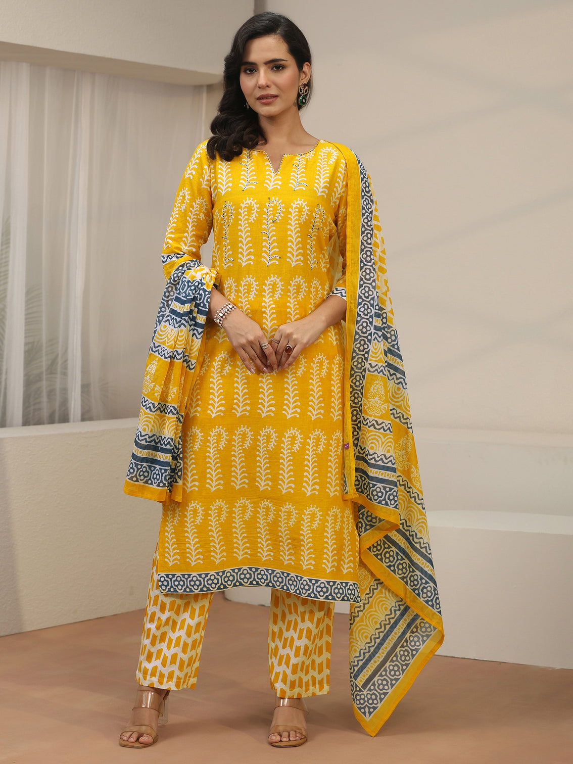 Mameraa Yellow Block Printed Cotton Straight Suit Set