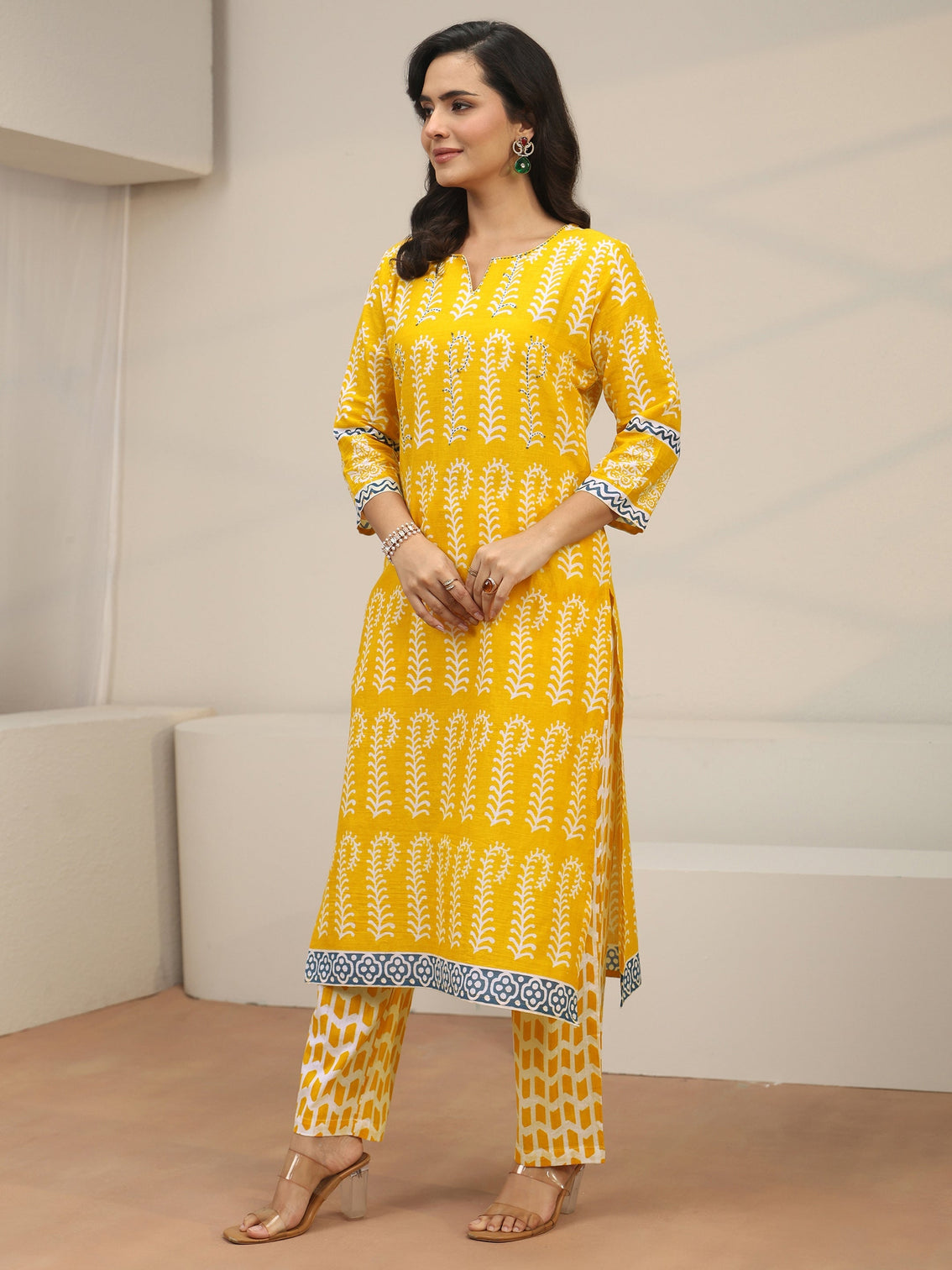 Mameraa Yellow Block Printed Cotton Straight Suit Set