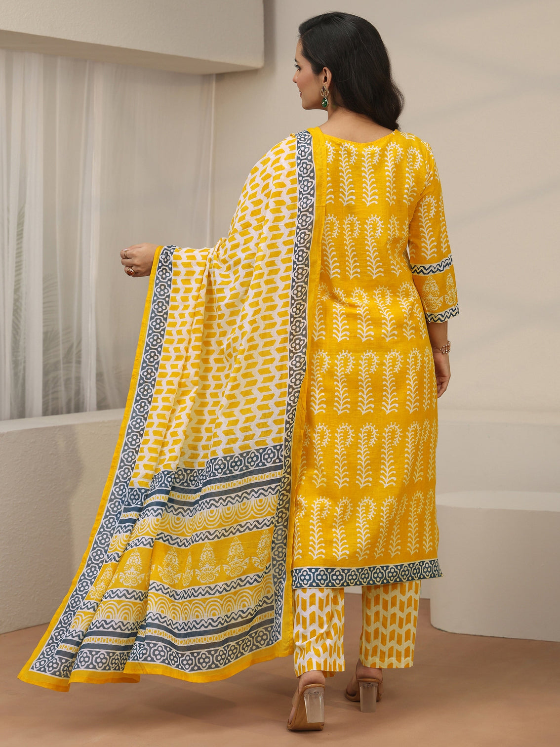 Mameraa Yellow Block Printed Cotton Straight Suit Set