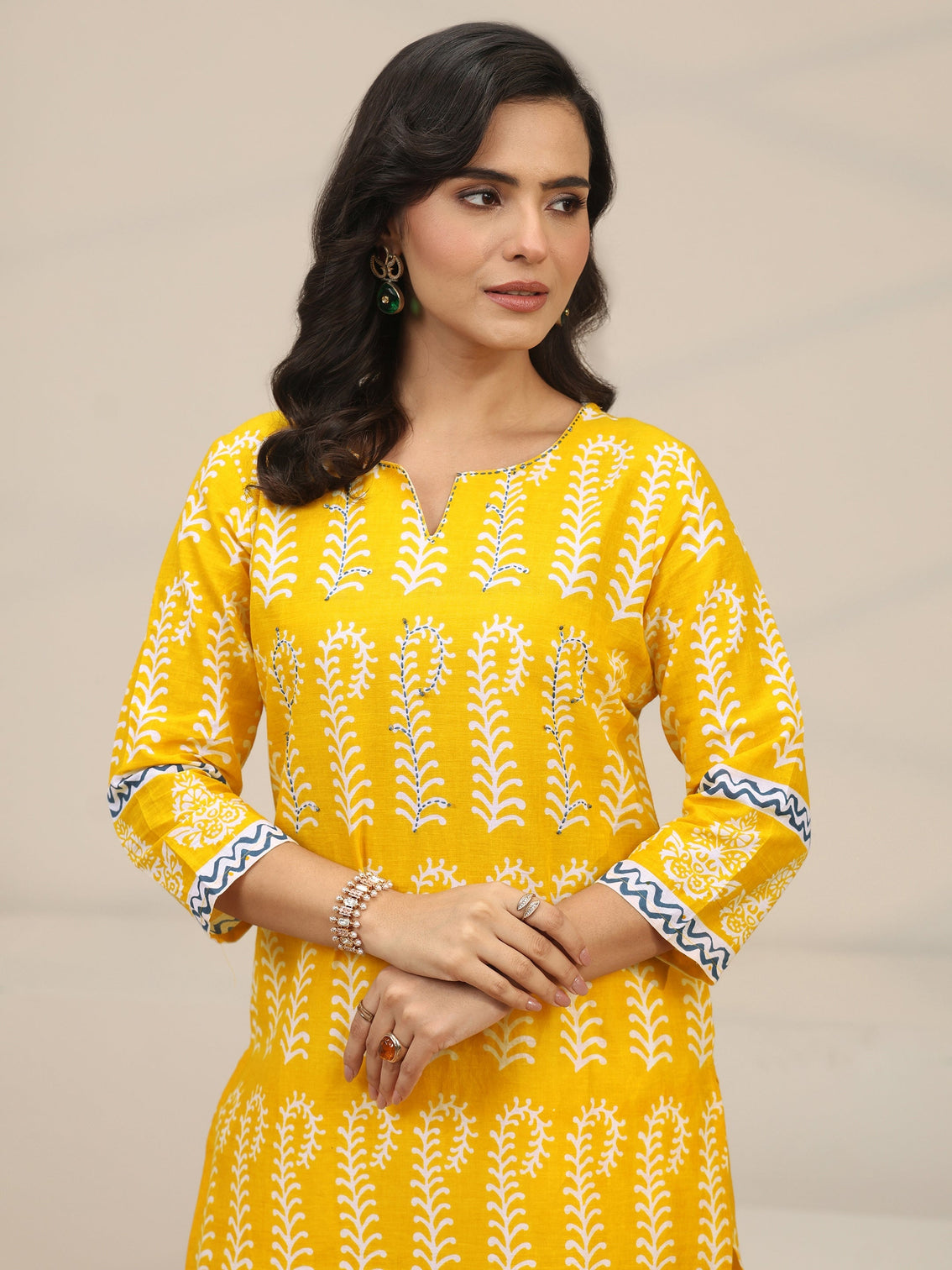 Mameraa Yellow Block Printed Cotton Straight Suit Set