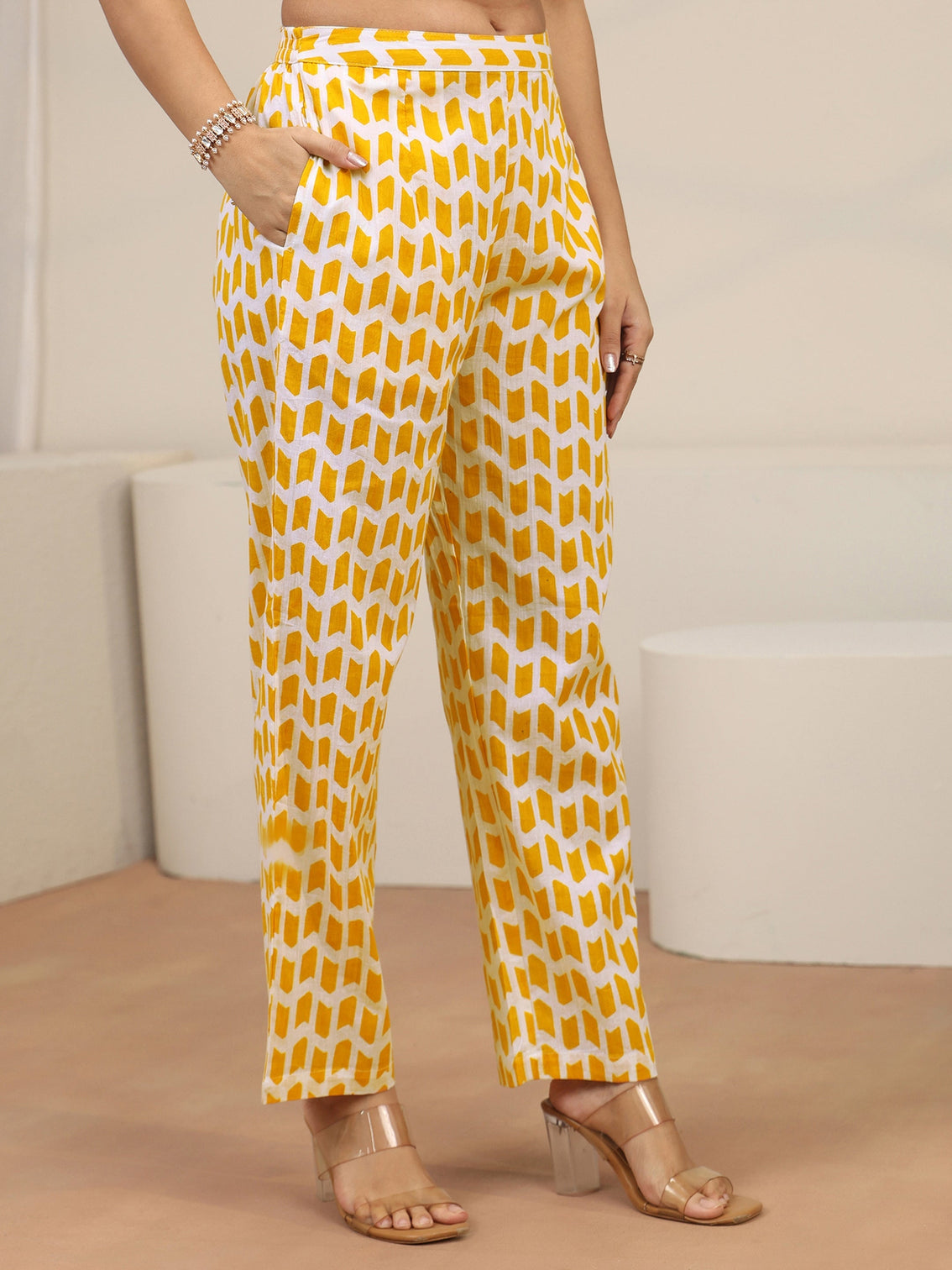 Mameraa Yellow Block Printed Cotton Straight Suit Set