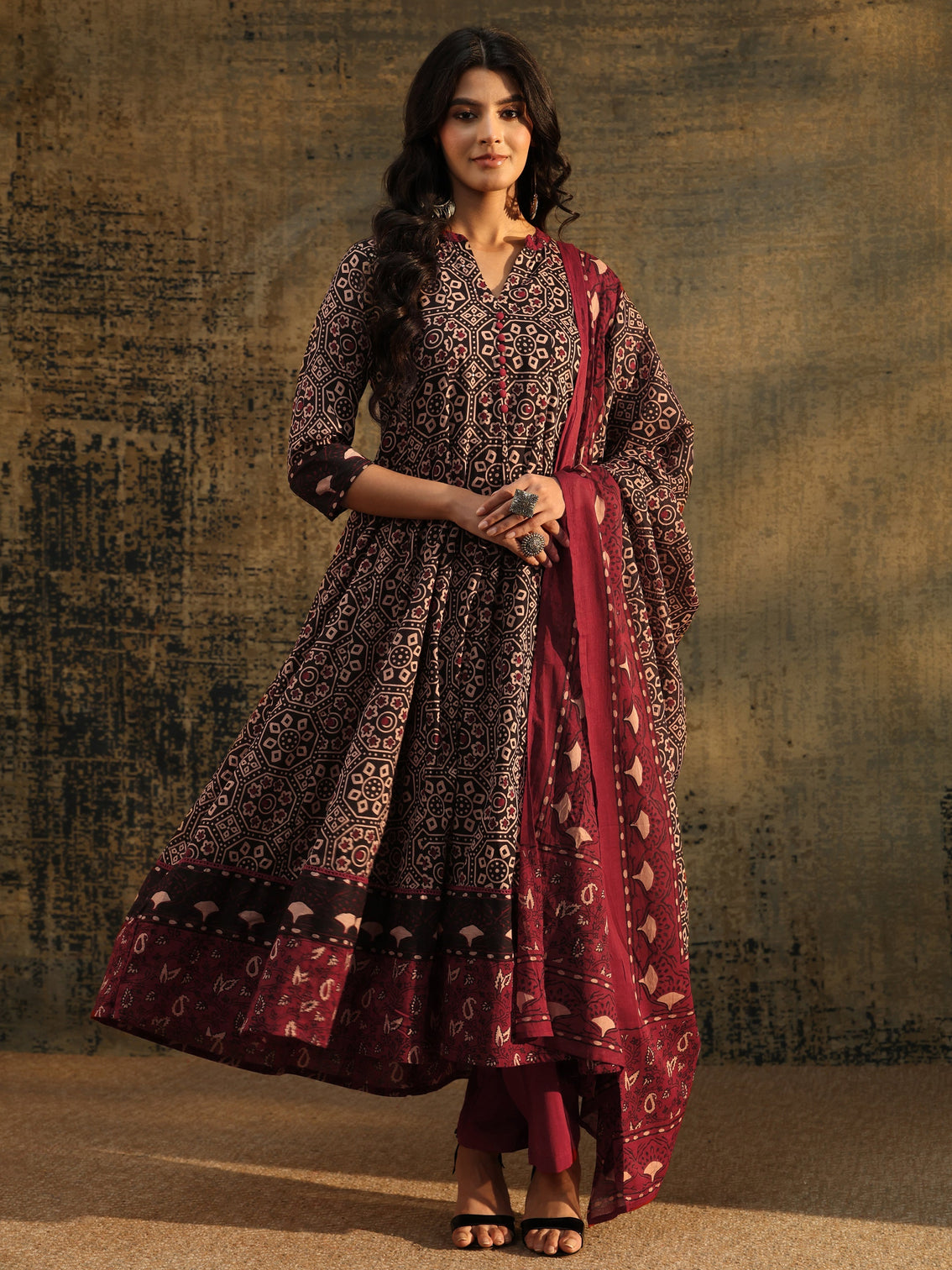 Mameraa Black Ajrakh Printed Cotton Anarkali Suit Set