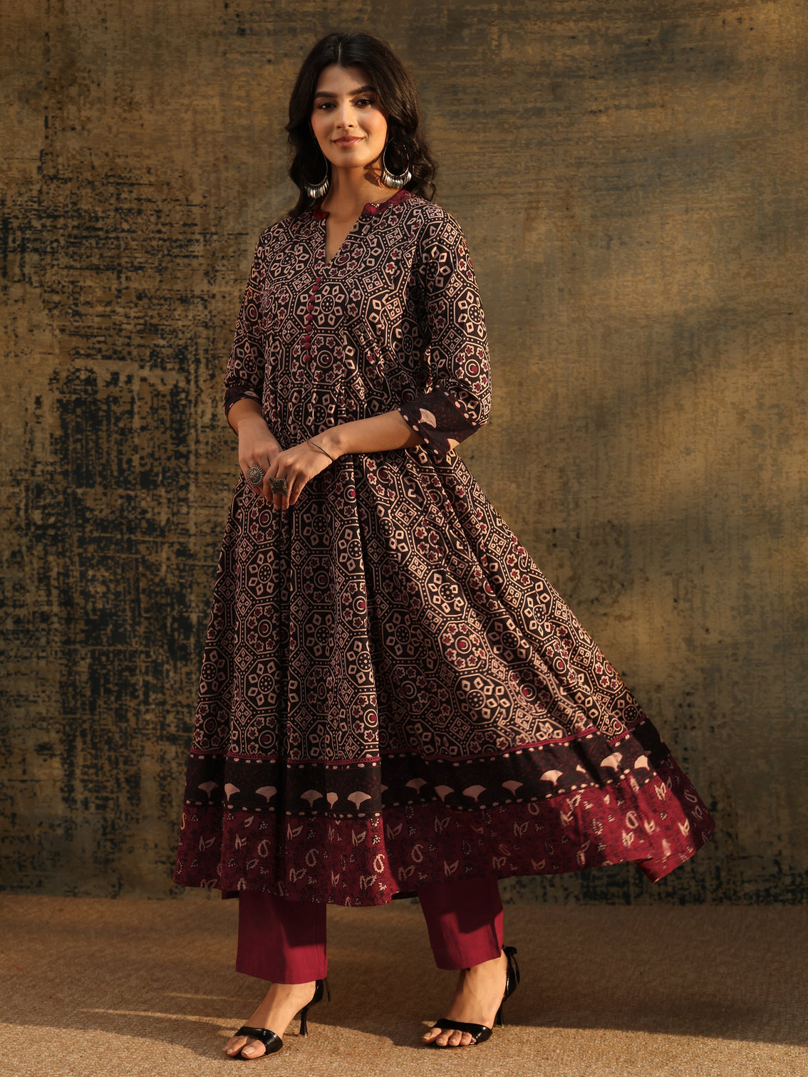 Mameraa Black Ajrakh Printed Cotton Anarkali Suit Set