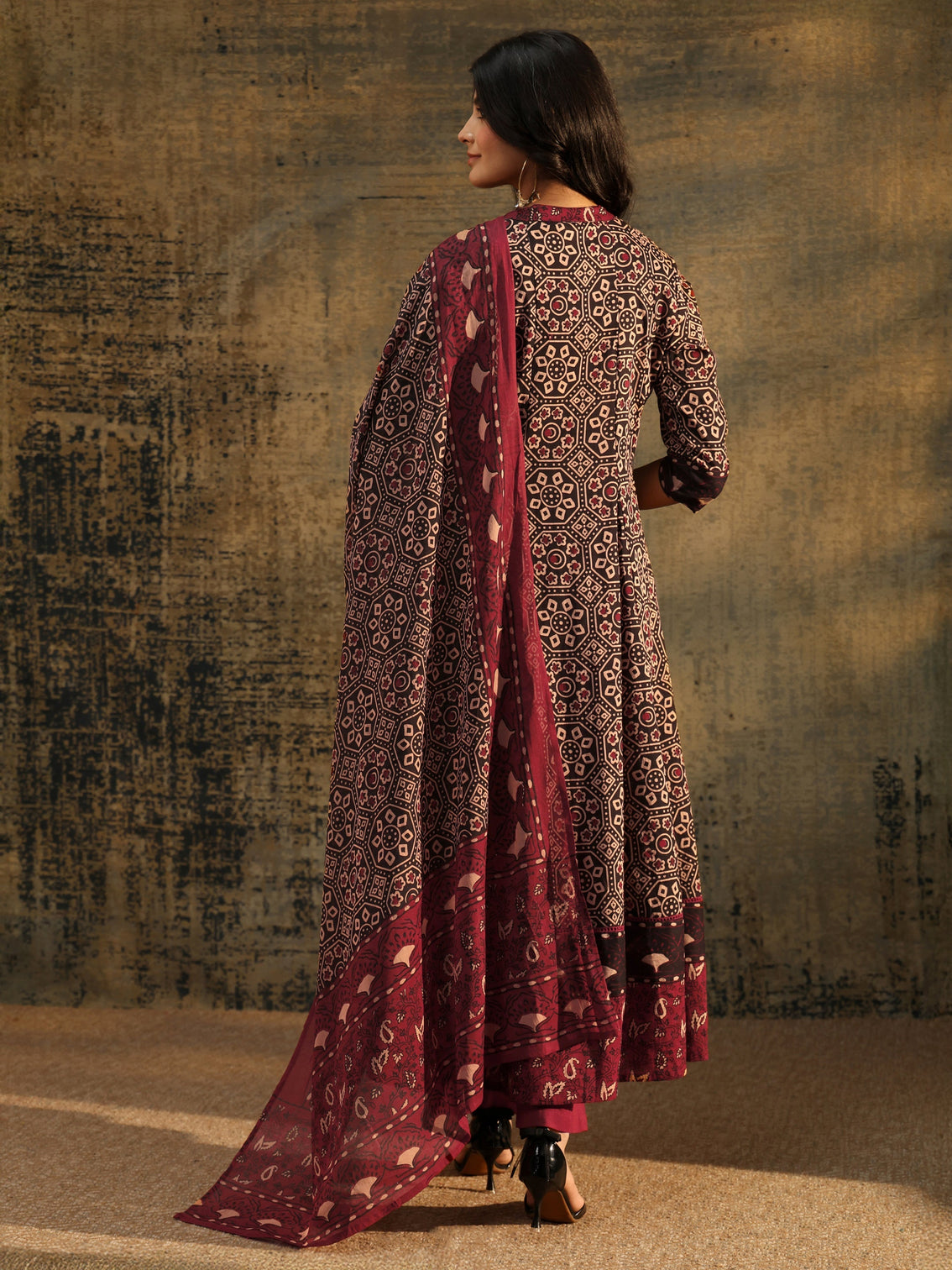 Mameraa Black Ajrakh Printed Cotton Anarkali Suit Set