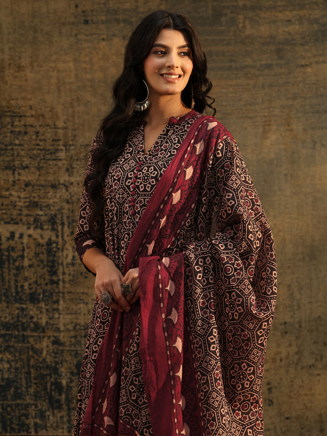 Mameraa Black Ajrakh Printed Cotton Anarkali Suit Set