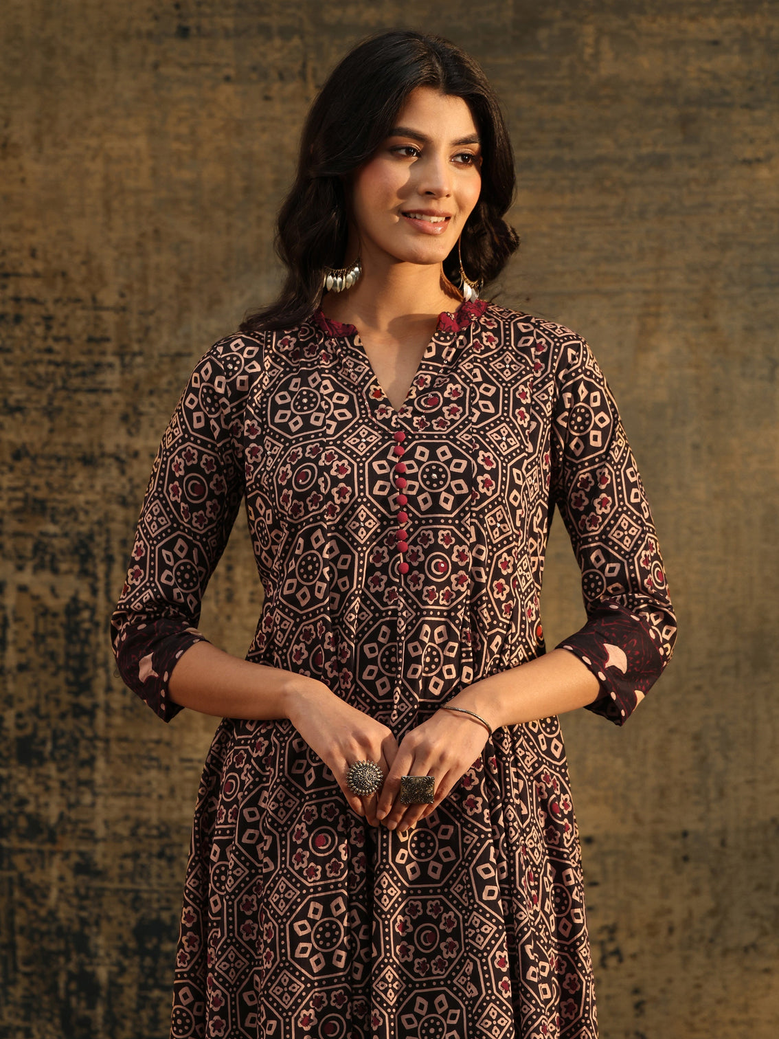 Mameraa Black Ajrakh Printed Cotton Anarkali Suit Set