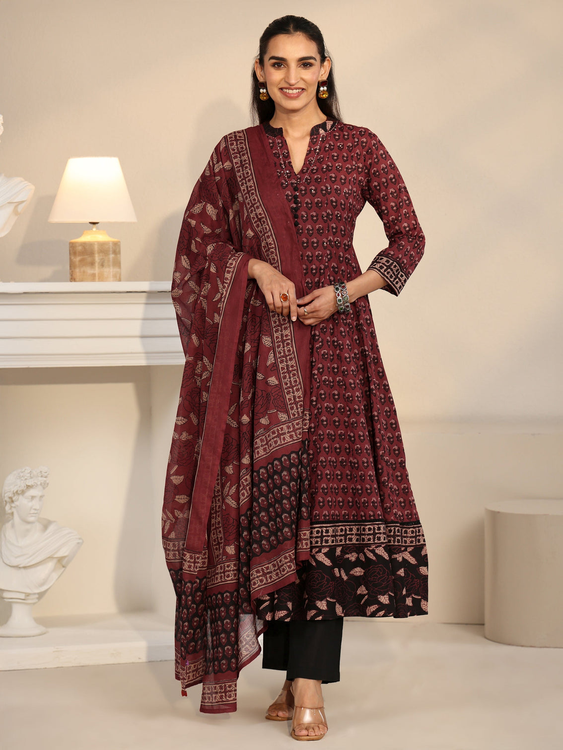 Mameraa Rust Red Ajrakh Printed Cotton Anarkali Suit Set