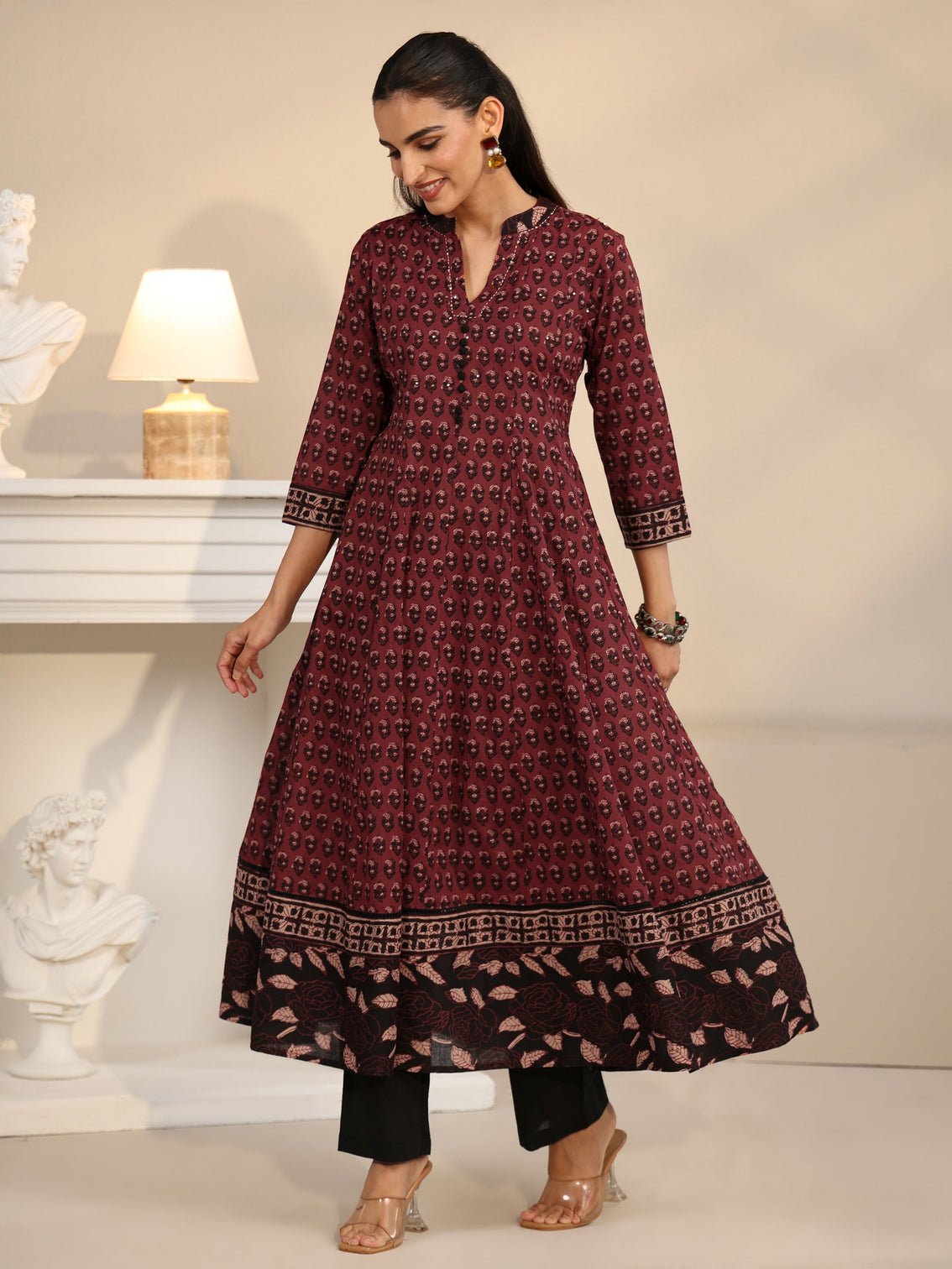 Mameraa Rust Red Ajrakh Printed Cotton Anarkali Suit Set