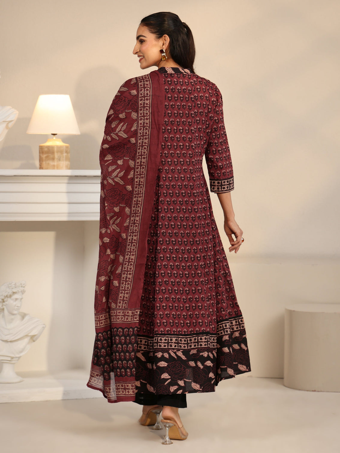 Mameraa Rust Red Ajrakh Printed Cotton Anarkali Suit Set