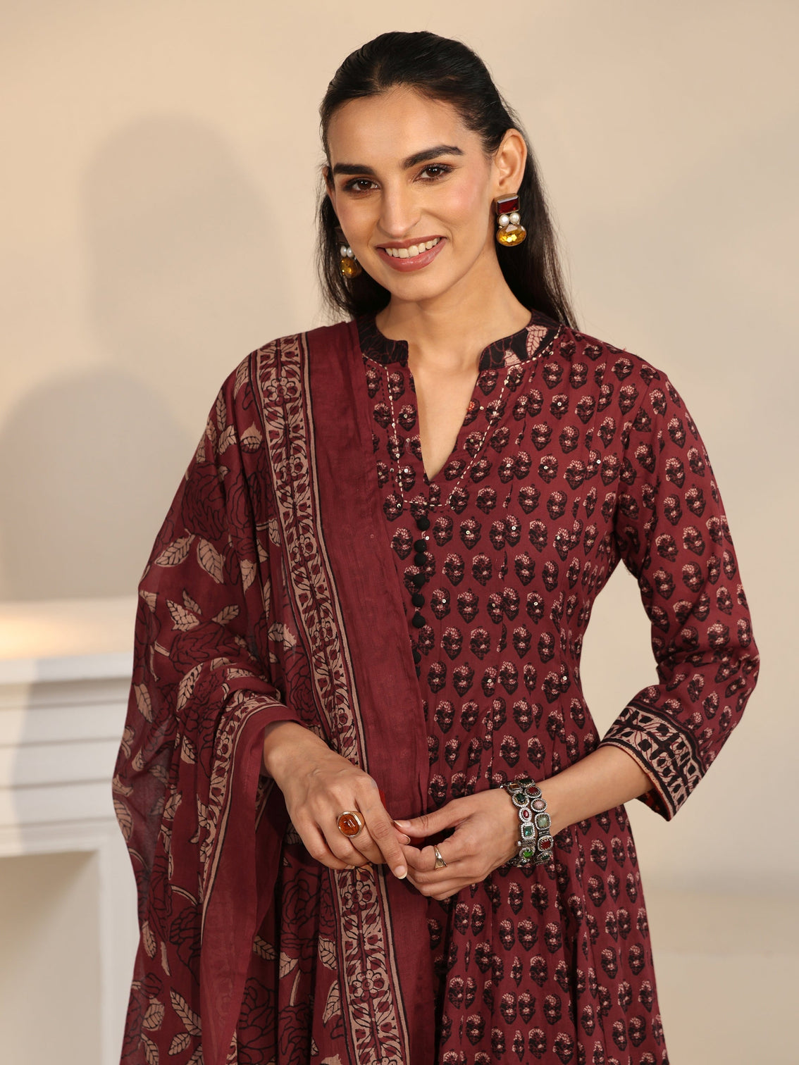 Mameraa Rust Red Ajrakh Printed Cotton Anarkali Suit Set