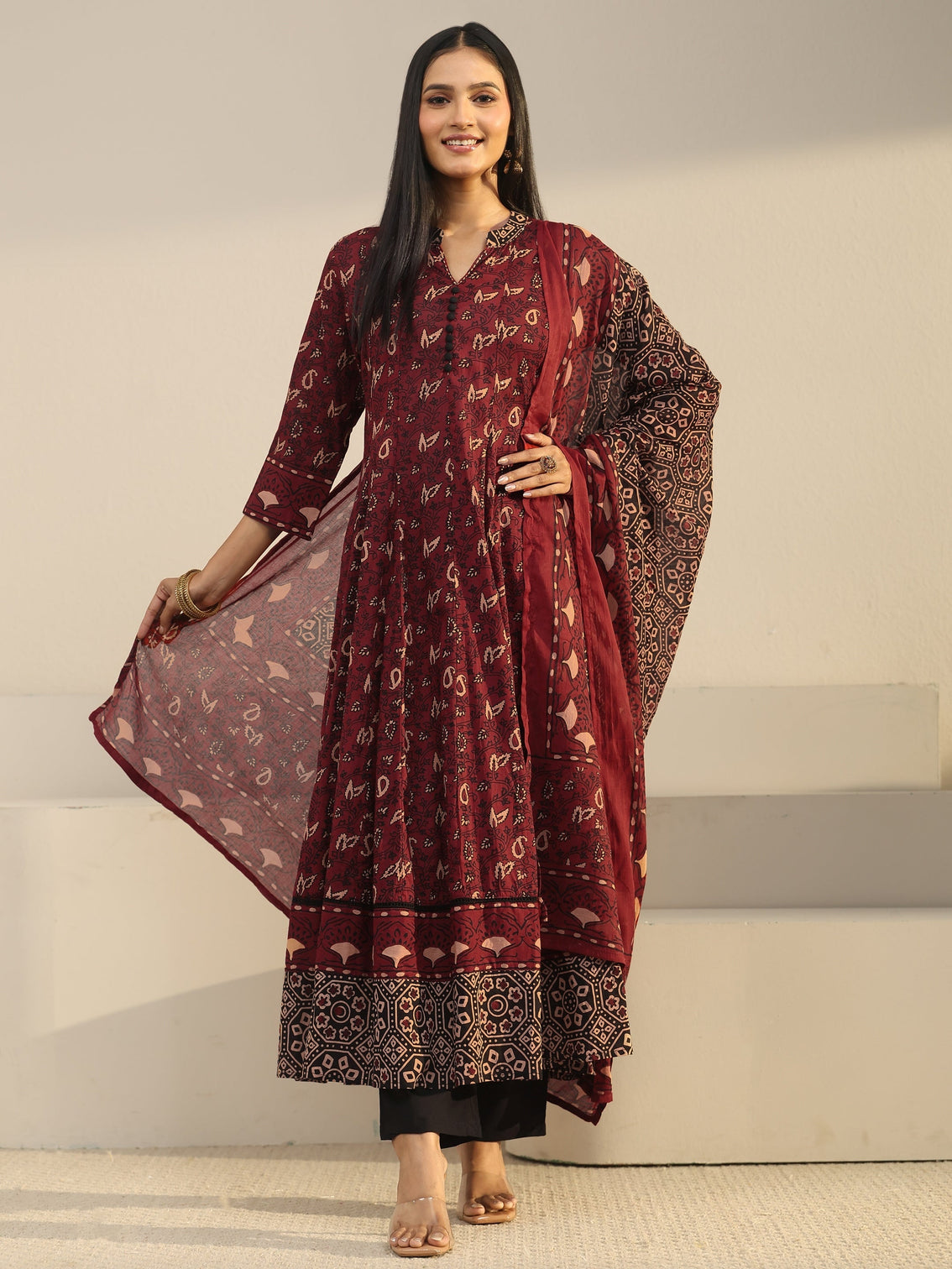 Mameraa Rust Brown Ajrakh Printed Cotton Anarkali Suit Set