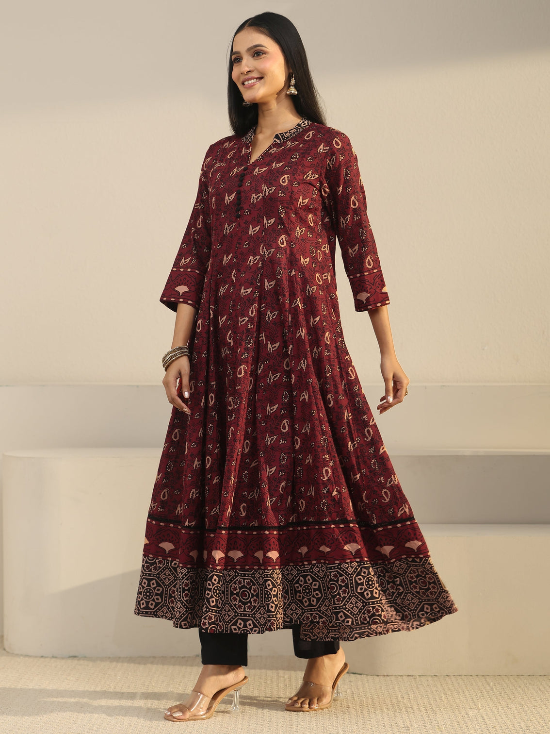 Mameraa Rust Brown Ajrakh Printed Cotton Anarkali Suit Set